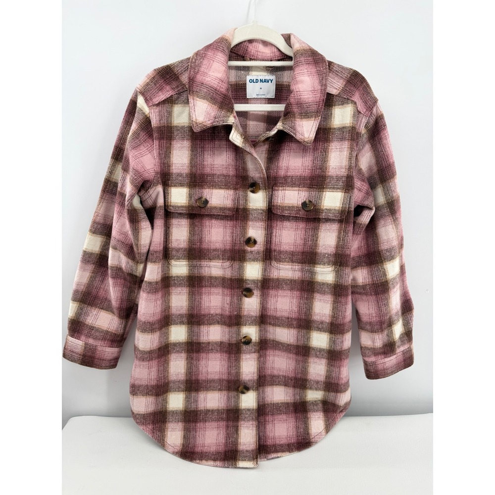Old Navy Plaid Shacket Sz M Pink Flannel Button Up Long Sleeve Pockets Jacket